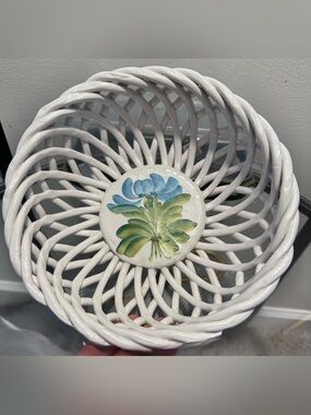 Vintage Capodimonte ceramic woven bowl with hand painted blue & green medallion